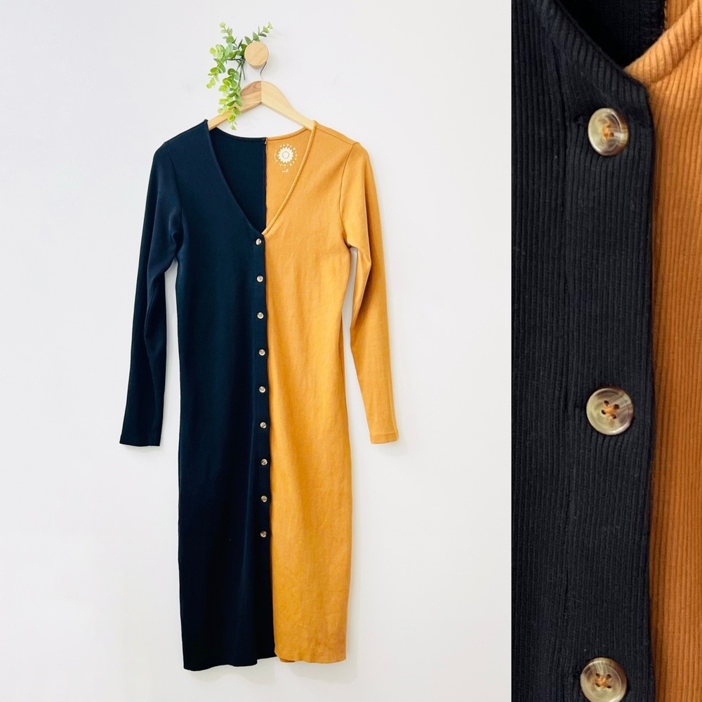 Vada Winter Button Up Basic Ribbed V-Neck Color Block Casual Dress